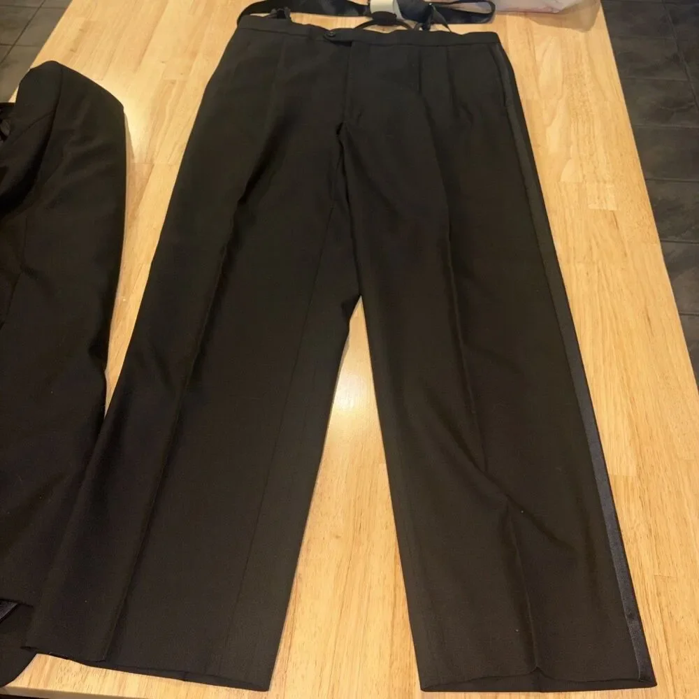 Jos. A. Bank 44L 36x30 Black 100% Wool Worn 1x 2Pc Tuxedo Mens Jacket Pants Suit